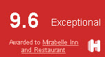 Rated 9.6 Exceptional Awarded to Mirabelle Inn and Restaurant